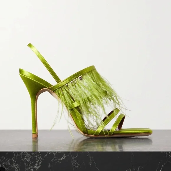 NWOT Staud Anise Feather-Trimmed Satin Heeled Sandals in Lime Green Size EU 36 - Picture 3 of 14